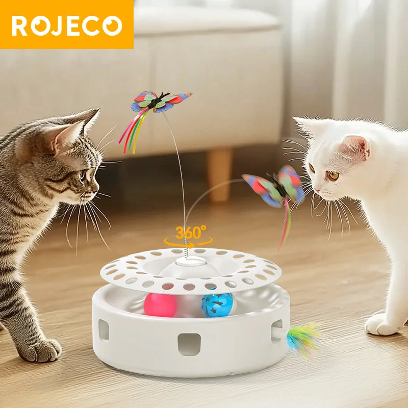 ROJECO Automatic Cat Toys 3 in 1 Wireless Kitten Toy With Cat Teasing Stick Ambush Feather Track Ball Adjustable Interactive Toy