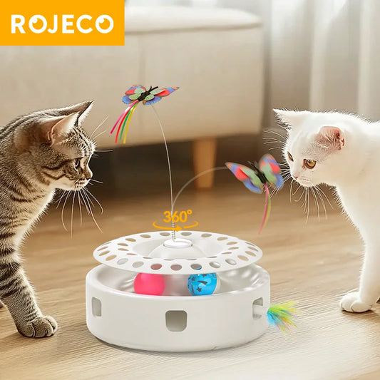 ROJECO Automatic Cat Toys 3 in 1 Wireless Kitten Toy With Cat Teasing Stick Ambush Feather Track Ball Adjustable Interactive Toy