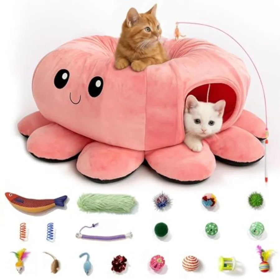 Cat Tunnel Bed with 20 Cat Toys Collapsible Play Tunnel for Indoor Cats Kitten Toys for Indoor Kittens Octopus Shaped