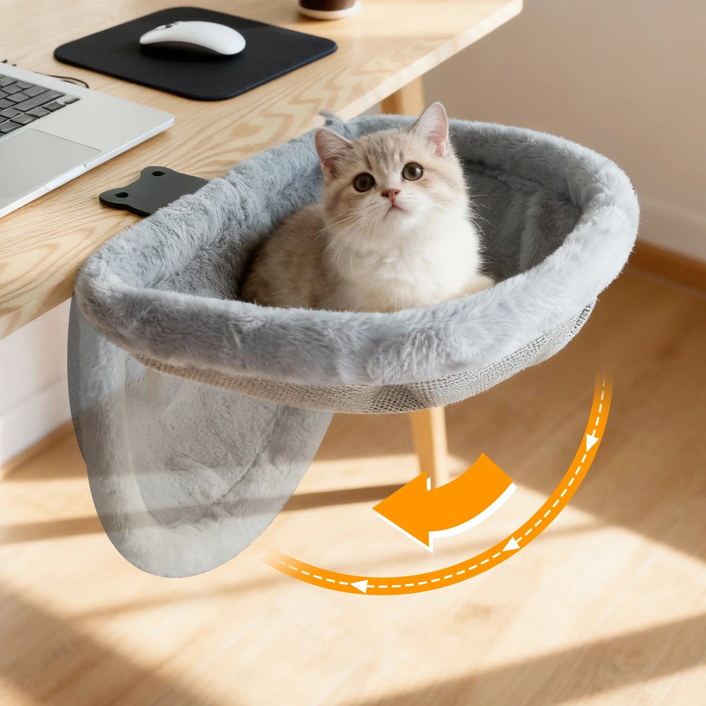 Foldable Semi-Circular Cat Desk Bed Space Saving Hammock Non-Slip Clamp Mount Cat Perch Comfortable Sunken Nest for Home Office Indoor Cats