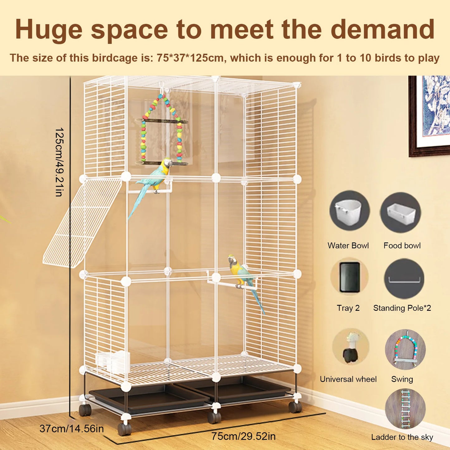 Big Flight Bird Cage Parrot Cage with Rolling Stand & Wheels & Stand Tray Swing Ladder Wide Birdcage for Cockatiels Conure