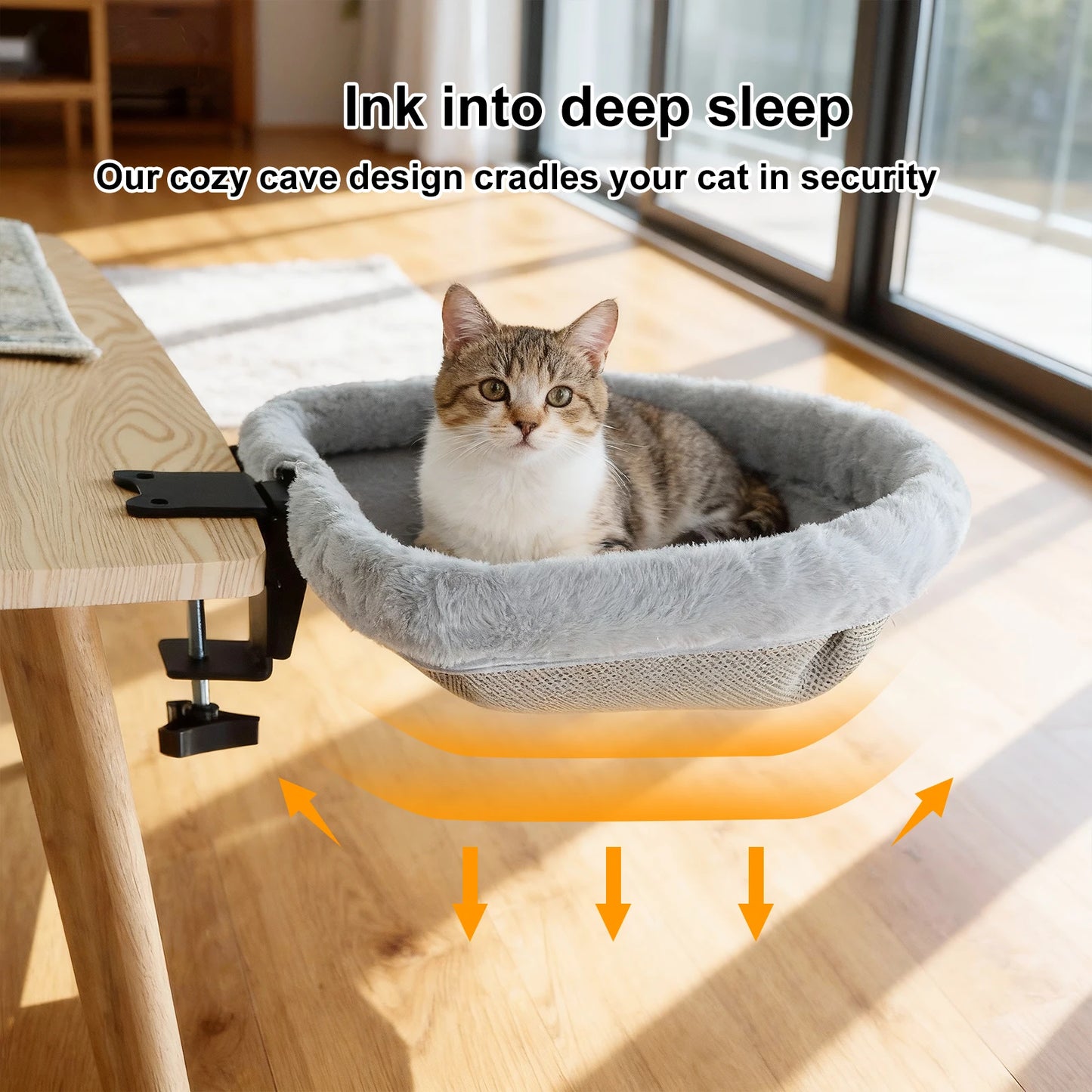 Foldable Semi-Circular Cat Desk Bed Space Saving Hammock Non-Slip Clamp Mount Cat Perch Comfortable Sunken Nest for Home Office Indoor Cats
