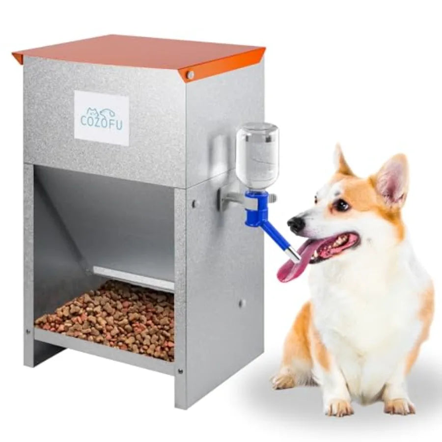 Automatic Gravity-Fed Dog Feeder with Water Bowl - Galvanized Steel Indoor/Outdoor Pet Food Station - 25lb Heavy-Duty Kibble Di