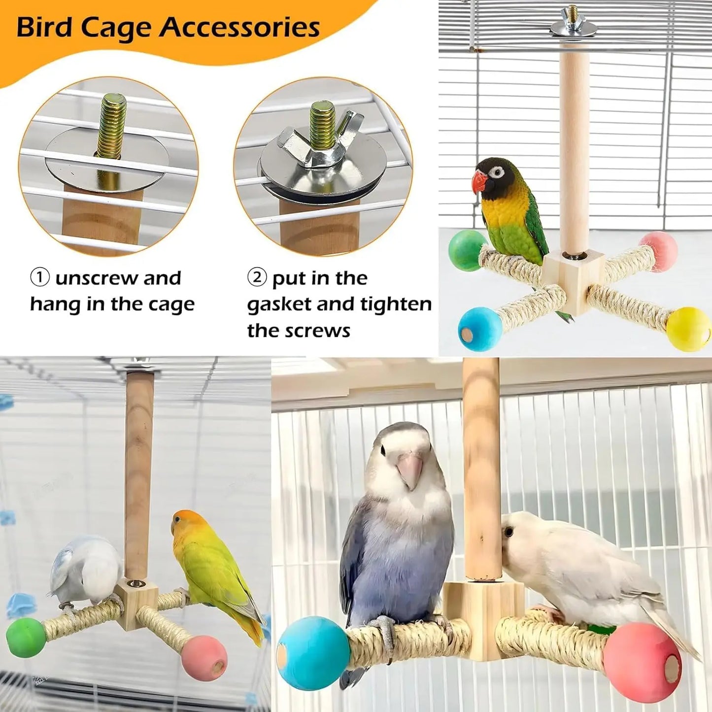 Bird perch toy with spinning wheel, wooden exercise, for budgies, parakeets, cockatiels, interactive enrichment, cage accessory
