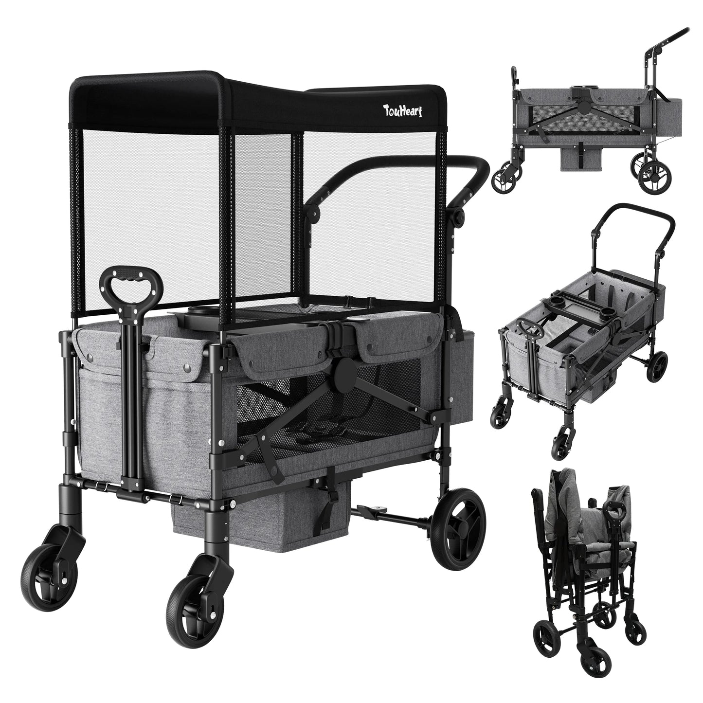 TouHeart 2 Seat Wagon Stroller For 2 Kids, Foldable All-Terrain Wagon for Toddler with Canopy 220 lbs Capacity