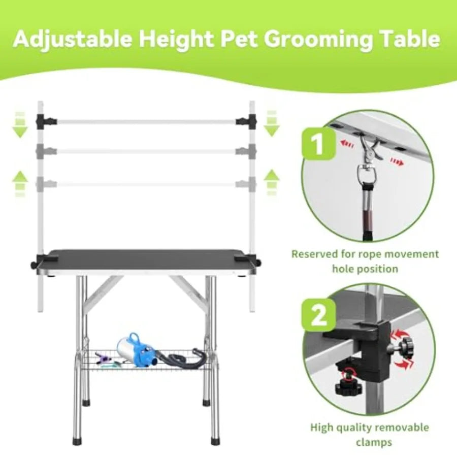 36 Inch Stainless Steel Dog Grooming Table Foldable Pet Grooming Stand with Adjustable Arm 2 Nooses 2 Storage Baskets Anti-Slip