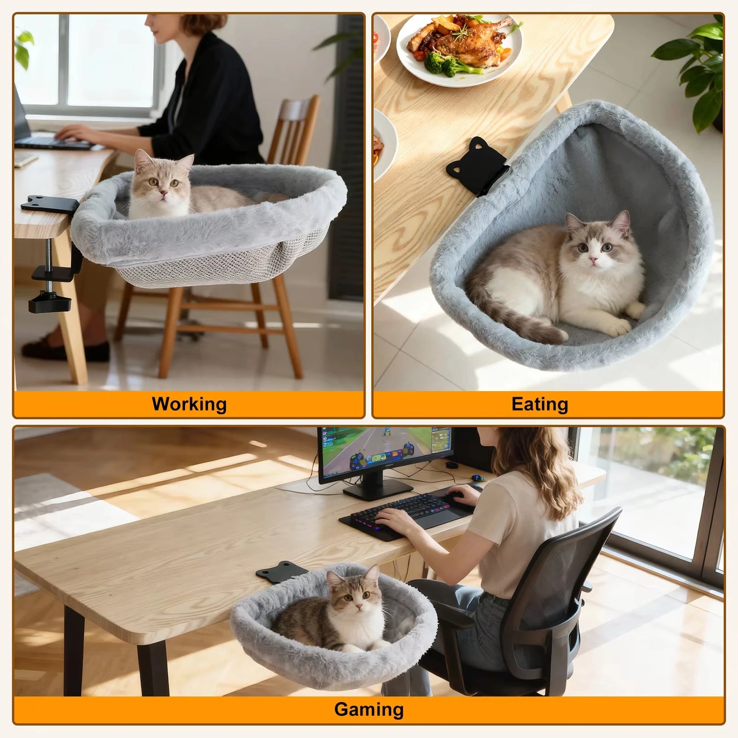 Foldable Semi-Circular Cat Desk Bed Space Saving Hammock Non-Slip Clamp Mount Cat Perch Comfortable Sunken Nest for Home Office Indoor Cats