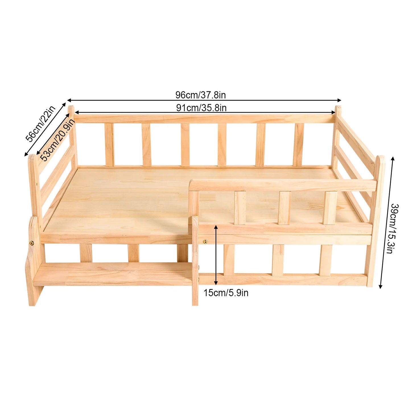 37.8*22in Solid Pine Wood Pet Bed Frame Elevated Fence Dog Cat Bed Comfortable