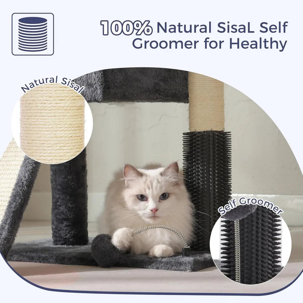 Compact Multi Level Cat Tower with Large Top Bed Condo Sisal Scratching Post Ramp Self Groomer Toy