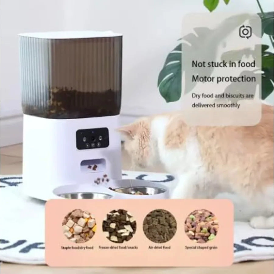 WiFi Automatic Cat Feeder with Double Bowls Smart Pet Food Dispenser for 2 Cats Dogs App Control Scheduled Feeding Portion Cont