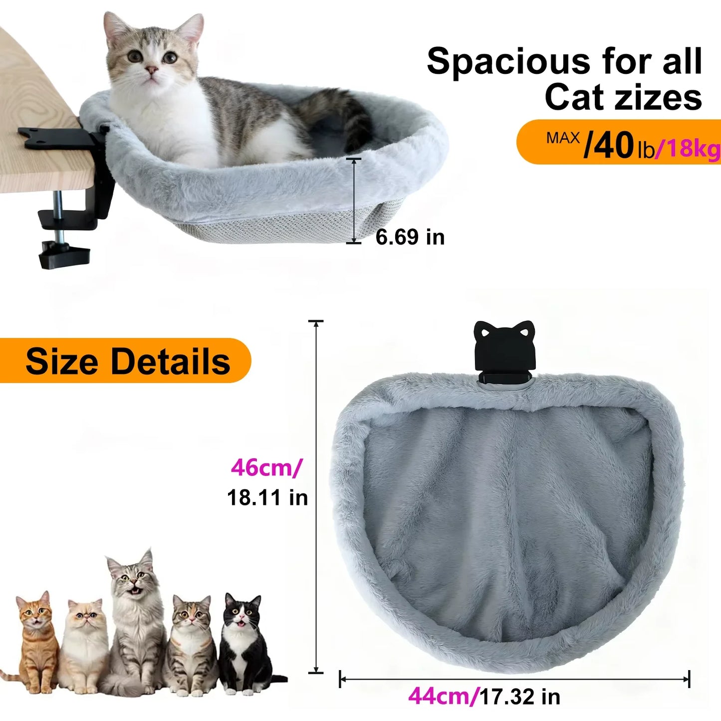 Foldable Semi-Circular Cat Desk Bed Space Saving Hammock Non-Slip Clamp Mount Cat Perch Comfortable Sunken Nest for Home Office Indoor Cats