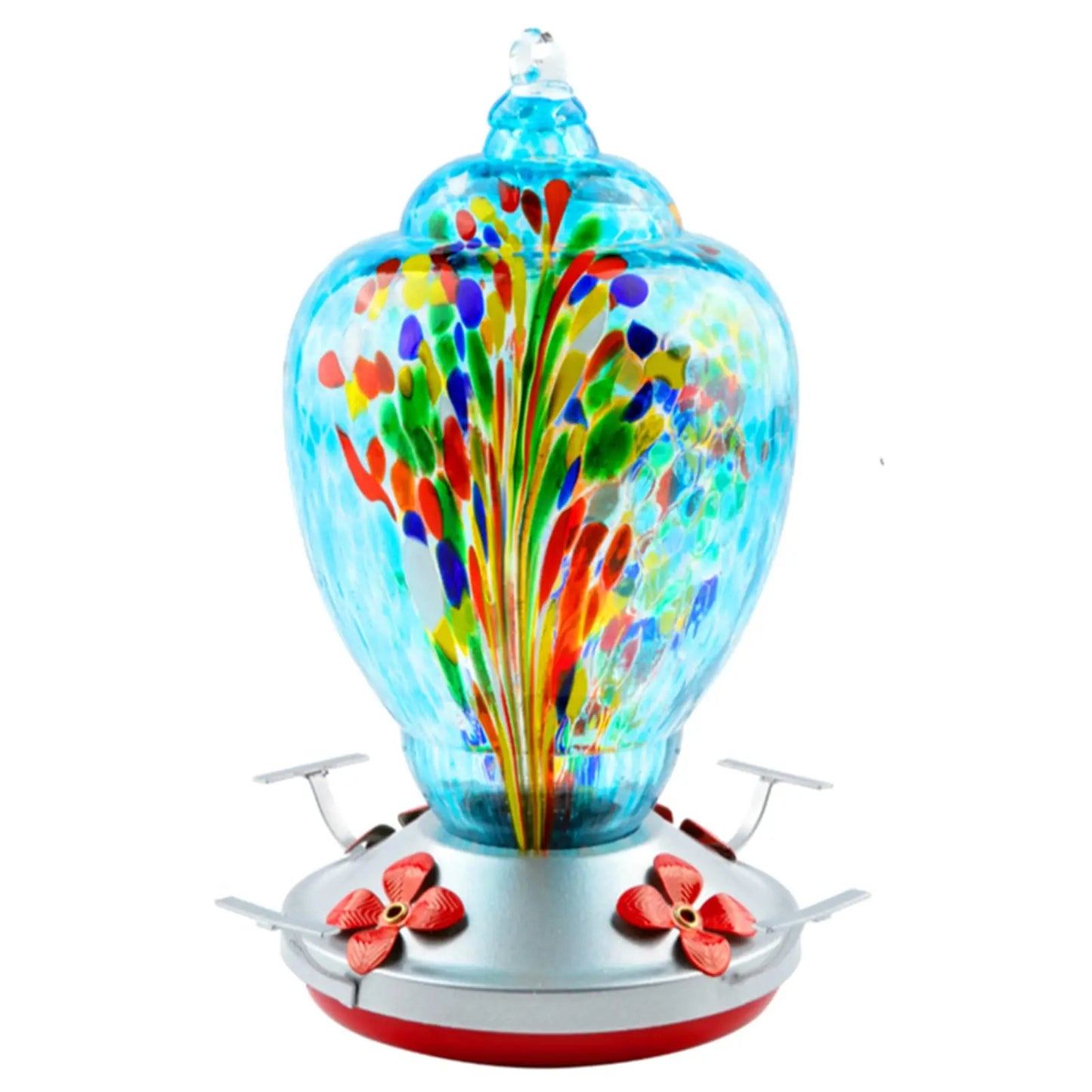 32oz Hand Blown Glass Hummingbird Feeder for Outdoor Yard, Red Firework Ant Proof Nectar Feeder with Ant Moat, Cleaning Brush & Hanging Accessories for Garden Backyard Bird Watching