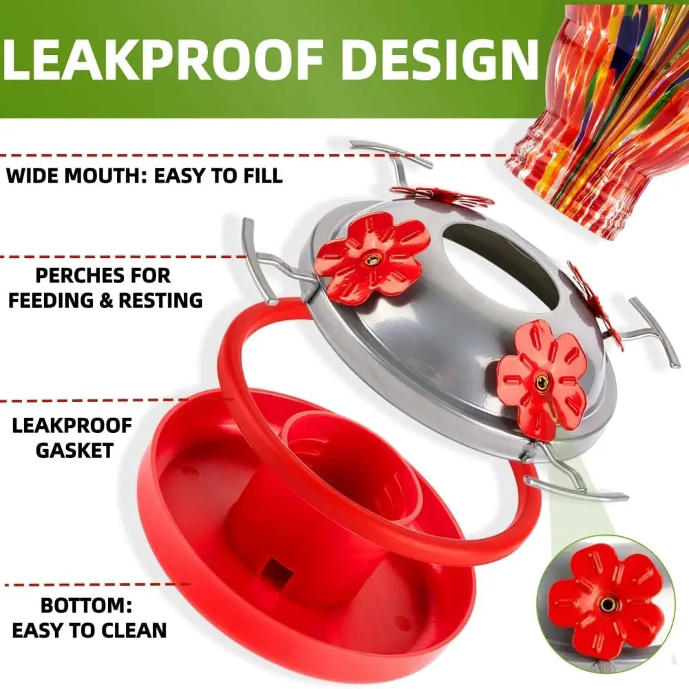 32oz Hand Blown Glass Hummingbird Feeder for Outdoor Yard, Red Firework Ant Proof Nectar Feeder with Ant Moat, Cleaning Brush & Hanging Accessories for Garden Backyard Bird Watching
