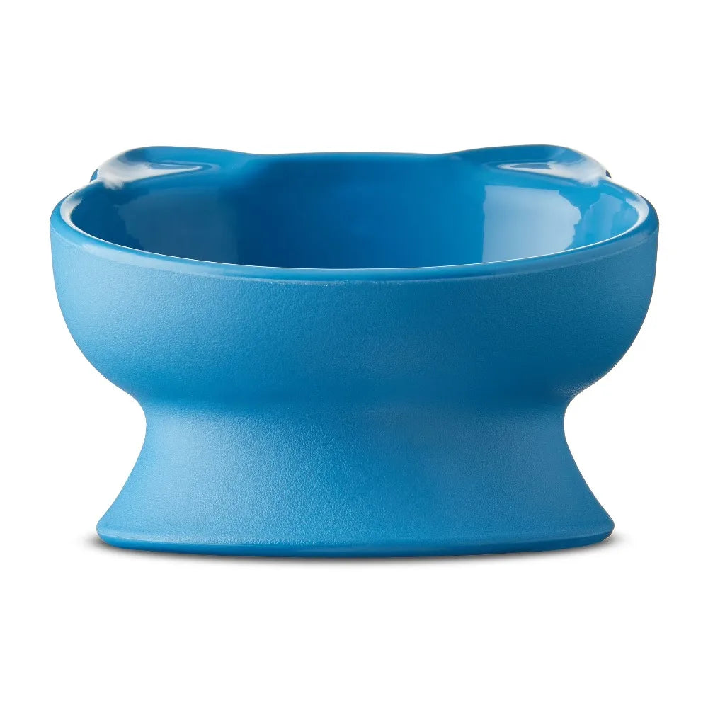 Elevated Cat Bowl with Ears Design 0.8 Cup Capacity Blue Plastic Pet Feeding Dish for Cats and Small Dogs