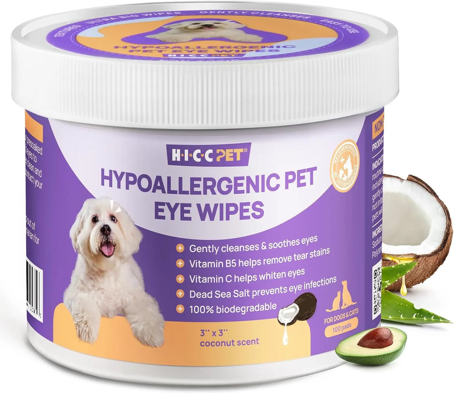Pet Eye Wipes for Dogs & Cats, Vet-Recommended Tear Stain Remover, Gentle Hypoallergenic Eye Cleaner, 100 Count