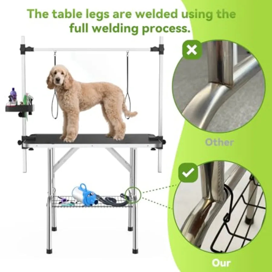 36 Inch Stainless Steel Dog Grooming Table Foldable Pet Grooming Stand with Adjustable Arm 2 Nooses 2 Storage Baskets Anti-Slip