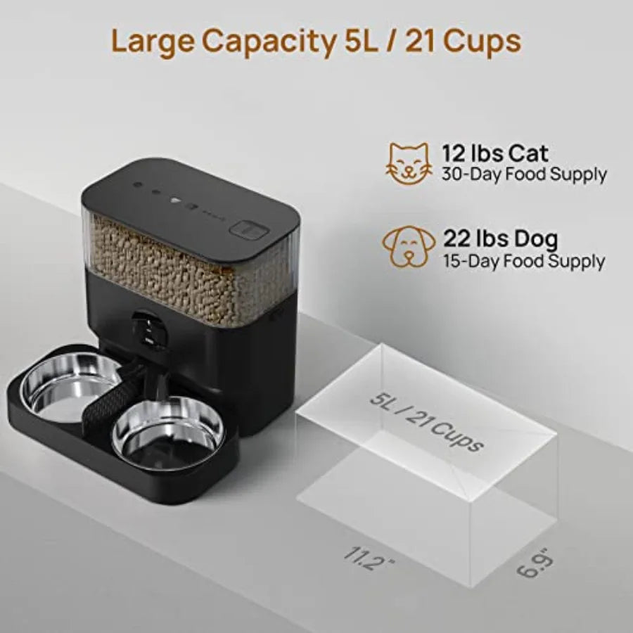 Automatic WiFi Pet Feeder for 2 Pets 5L Capacity 1-10 Meals Per Day Adjustable Bowl Height Smart Dog Cat Feeder with 2 Stainles
