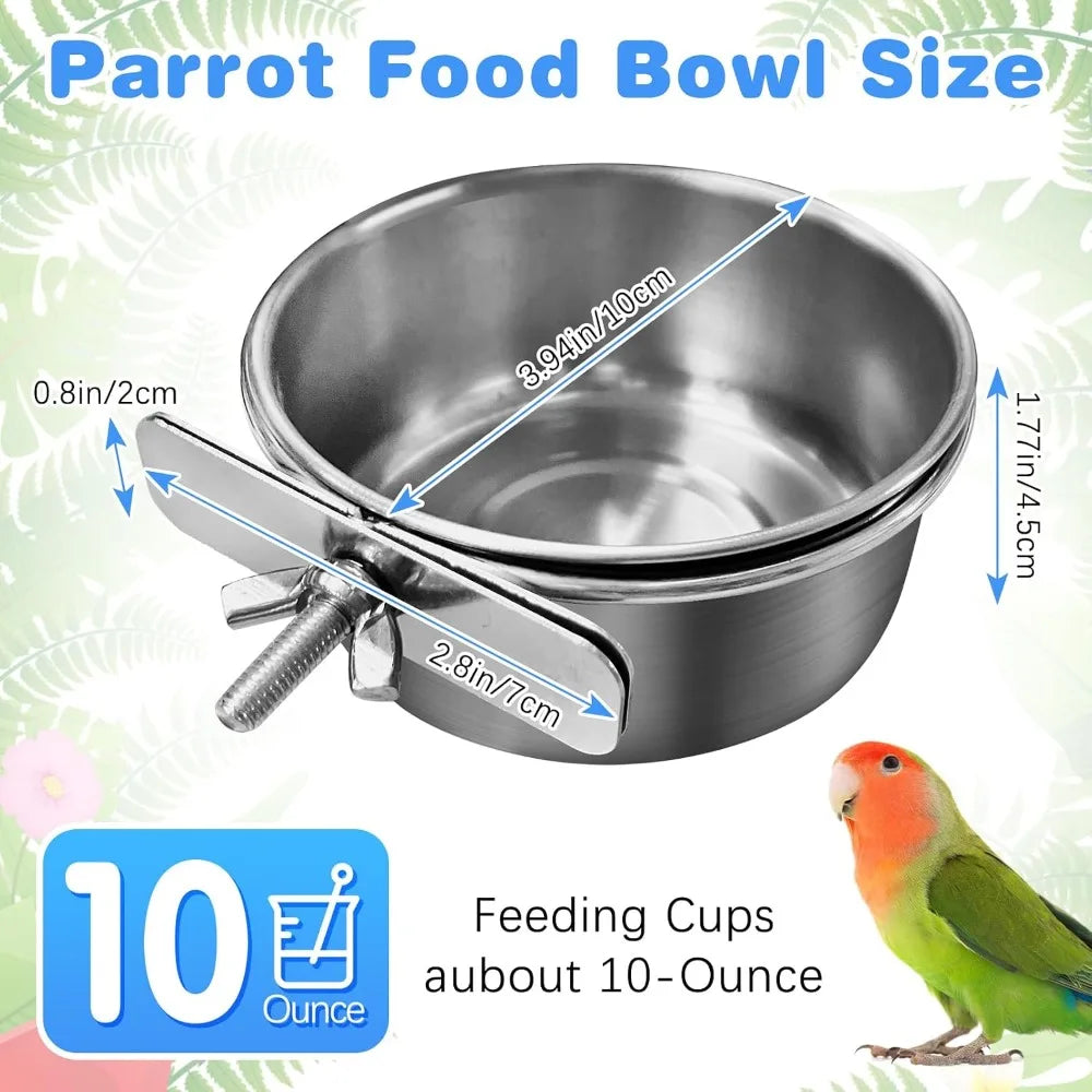 Bird Cage Feeder Cups 2PCS Parrot Food Water Bowl Holder Clamp for Budgie Cockatiel Conure Lovebird African Grey Chinchilla Pet Bird Supplies