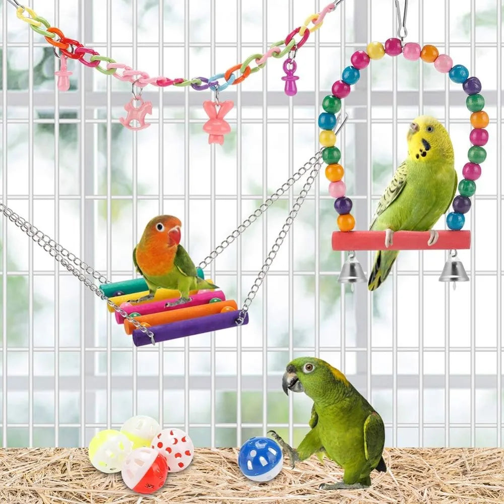 11 PCS Bird Toys for Parakeets, Wood Parrots Budgie Cage Accessories,Bird Perch Swings for Small Conure Cockatiel Toys