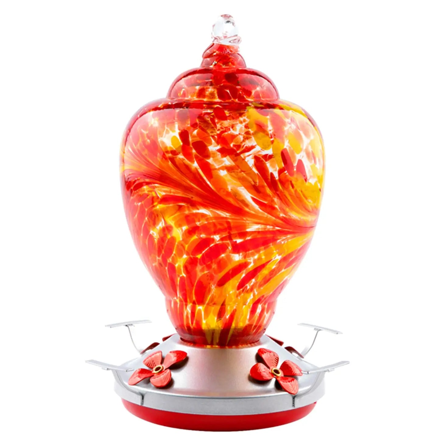 32oz Hand Blown Glass Hummingbird Feeder for Outdoor Yard, Red Firework Ant Proof Nectar Feeder with Ant Moat, Cleaning Brush & Hanging Accessories for Garden Backyard Bird Watching