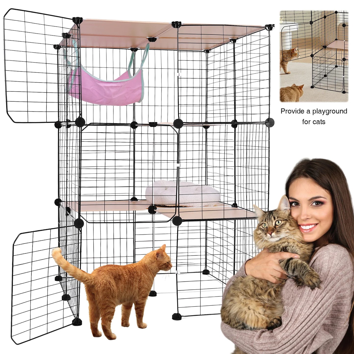 3-Tier Detachable Cat Cage W/ Hammock & Bed Cats Wire Kennel Crate Ideal Large Exercise Place Ideal for 1-3 Cats