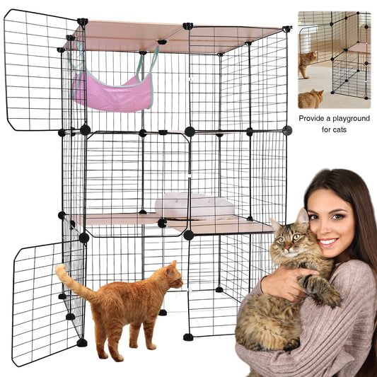 3-Tier Detachable Cat Cage W/ Hammock & Bed Cats Wire Kennel Crate Ideal Large Exercise Place Ideal for 1-3 Cats