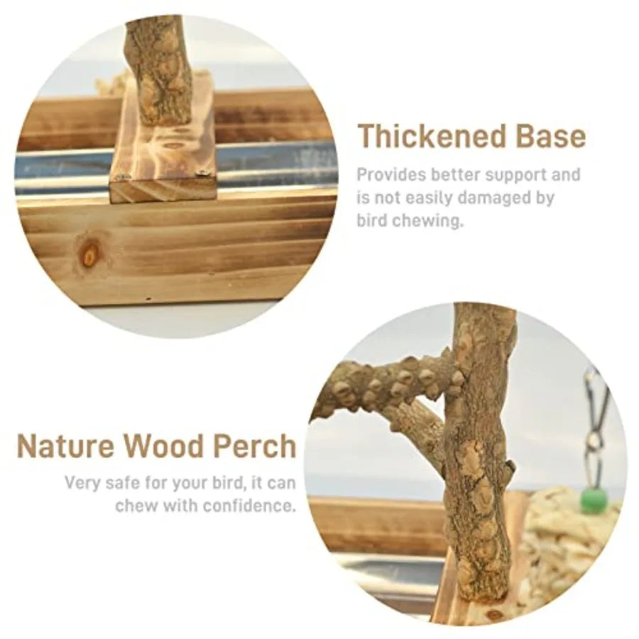Natural Wood Bird Toys Playground, Bird Cage Accessories, Bird Perches, with Removable Tray and 2 Stainless Steel Cups