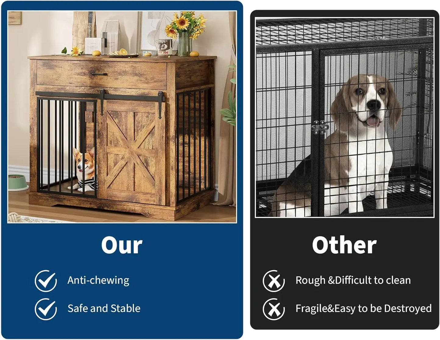 Heavy Duty Iron-Wood Dog Crate Furniture, 2-in-1 Kennel End Table with Sliding Barn Door, Storage Drawer, Decorative Pet House Side, Dog Kennel TV Stand for Small/Medium Dogs