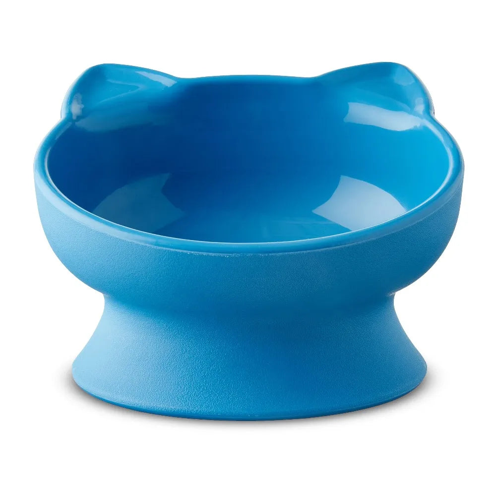 Elevated Cat Bowl with Ears Design 0.8 Cup Capacity Blue Plastic Pet Feeding Dish for Cats and Small Dogs