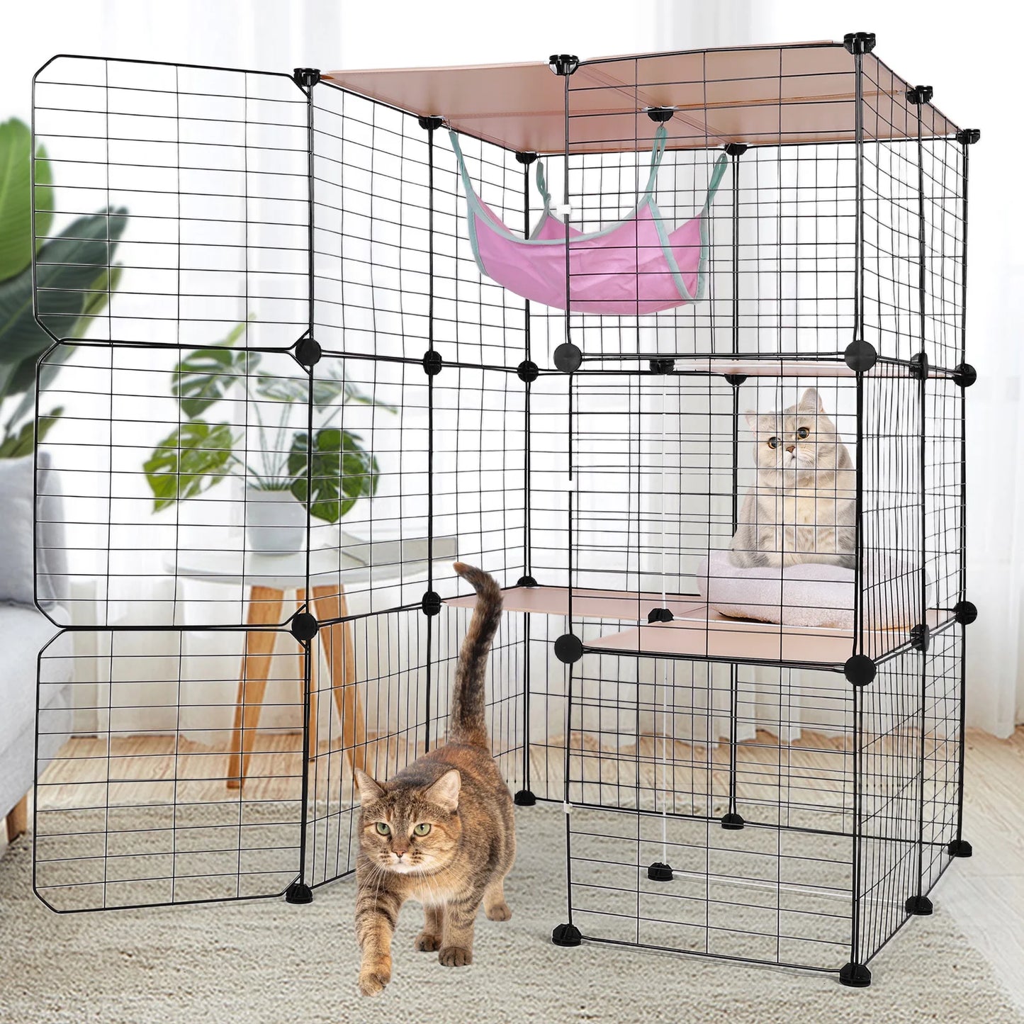 3-Tier Detachable Cat Cage W/ Hammock & Bed Cats Wire Kennel Crate Ideal Large Exercise Place Ideal for 1-3 Cats