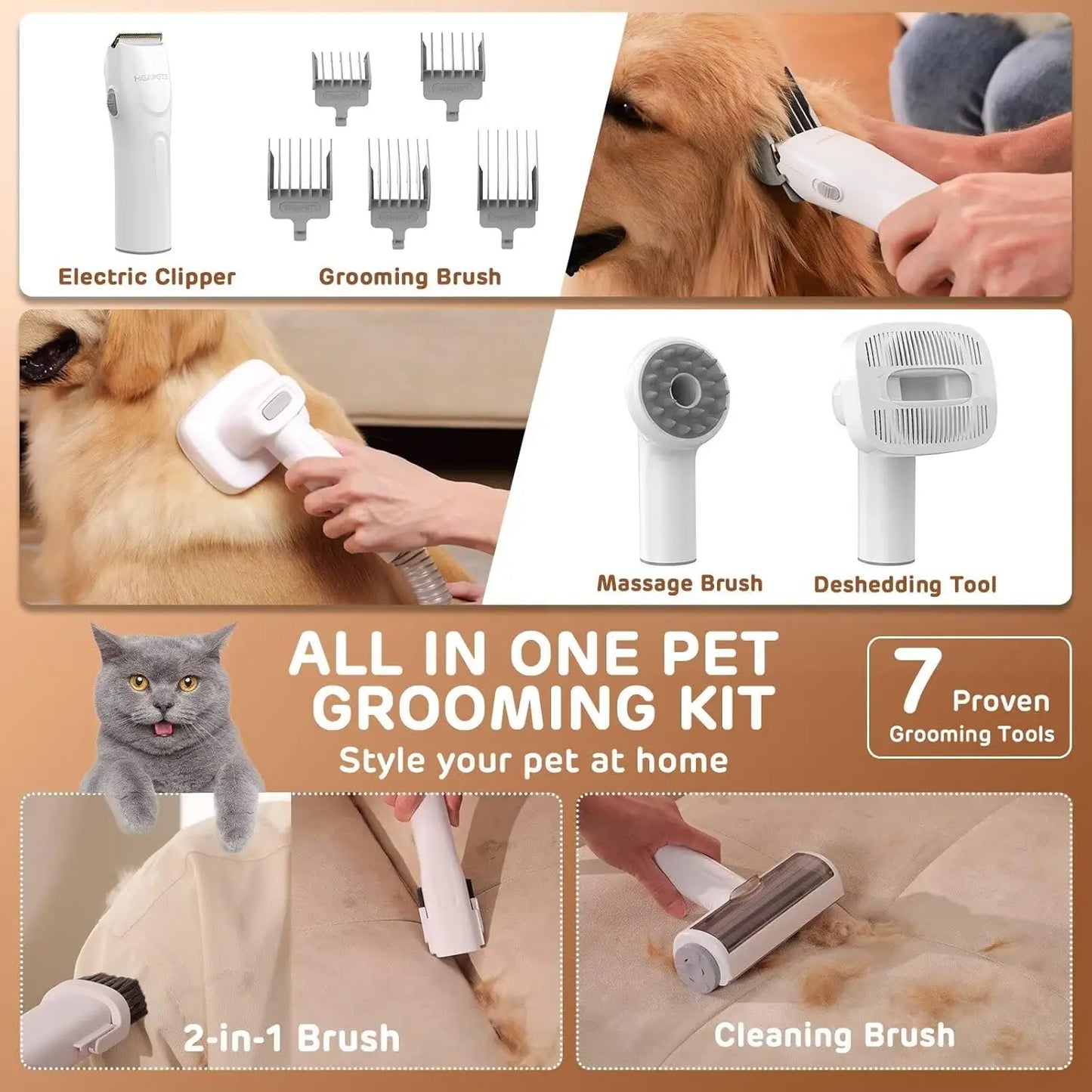 3L Low Noise Pet Grooming Vacuum Kit with 7 Tools for Home Shedding, White