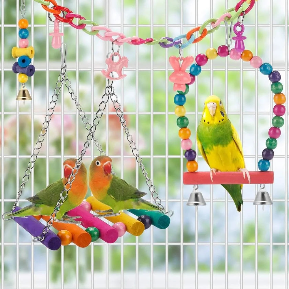 11 PCS Bird Toys for Parakeets, Wood Parrots Budgie Cage Accessories,Bird Perch Swings for Small Conure Cockatiel Toys