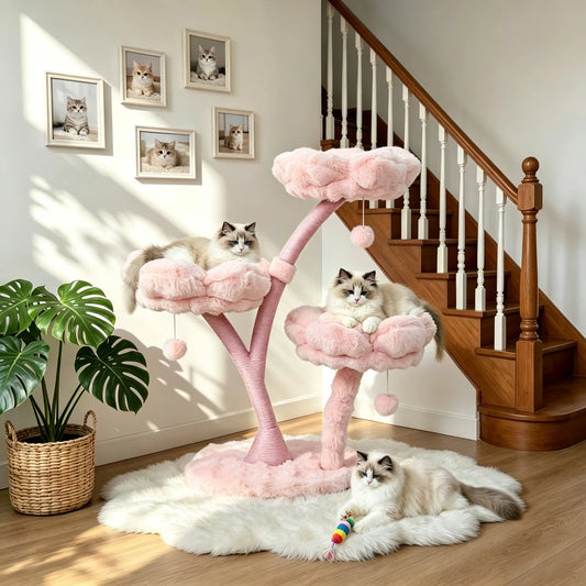 105cm Tall Cat Tree Pink Vertical Cat Tower Activity Center for Cats Cushioned Flower Platforms, Dangling Ball Scratching Posts Pet House Furniture