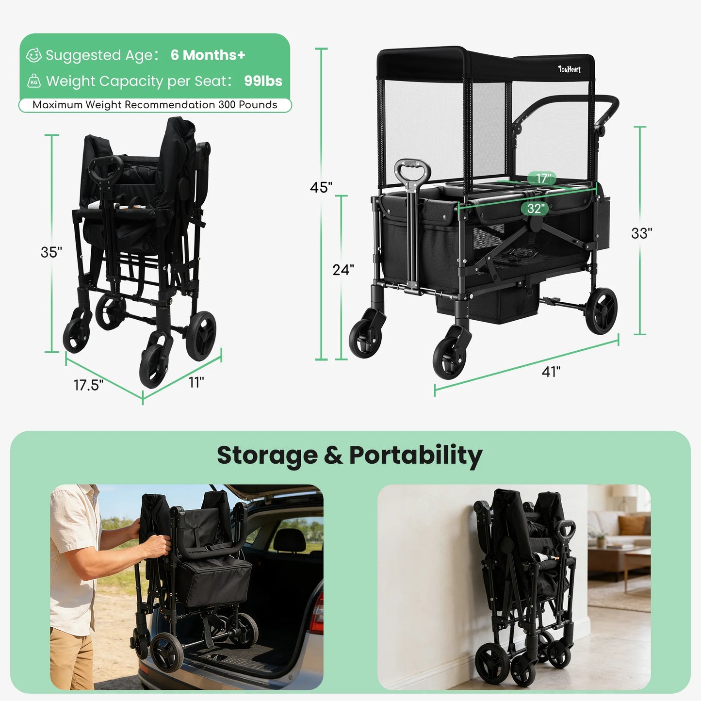 TouHeart 2 Seat Wagon Stroller For 2 Kids, Foldable All-Terrain Wagon for Toddler with Canopy 220 lbs Capacity