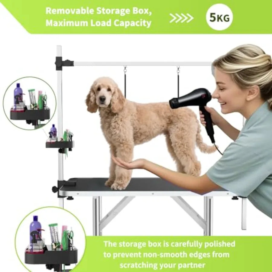 36 Inch Stainless Steel Dog Grooming Table Foldable Pet Grooming Stand with Adjustable Arm 2 Nooses 2 Storage Baskets Anti-Slip
