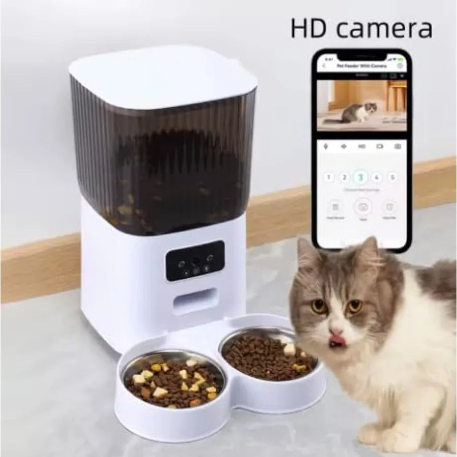 WiFi Automatic Cat Feeder with Double Bowls Smart Pet Food Dispenser for 2 Cats Dogs App Control Scheduled Feeding Portion Cont