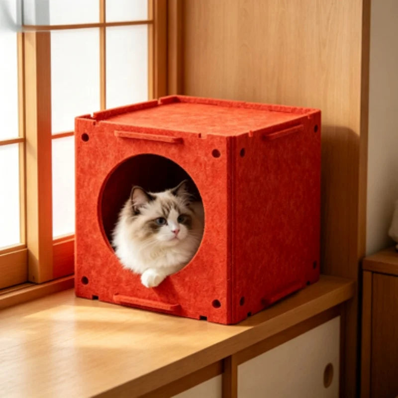 Extra Large Cartoon Cat House All-Season Enclosed Rabbit Hutch with Cat Cabinet Bed for Indoor Cats And Small Rabbits