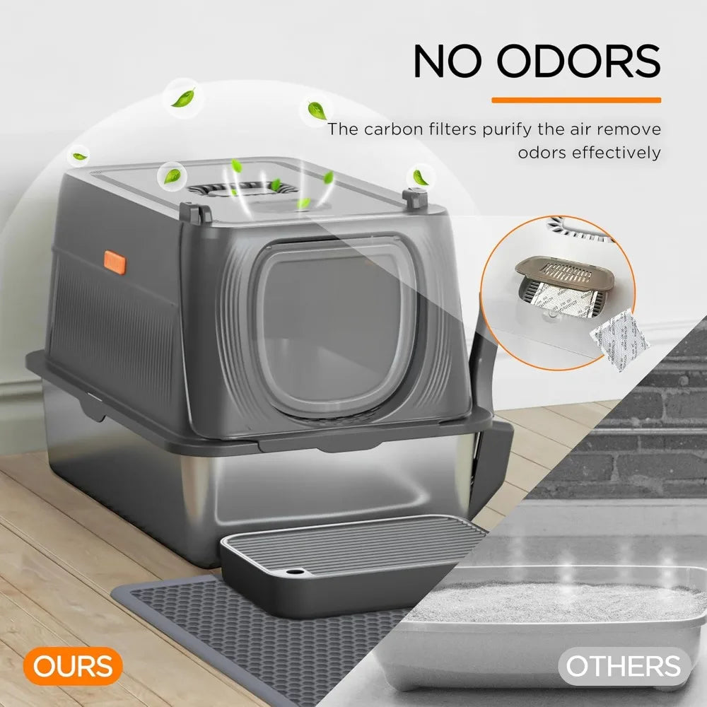 Extra Large Enclosed Stainless Steel Litter Box with Lid Scoop and Mat Odor Control for Big Cats