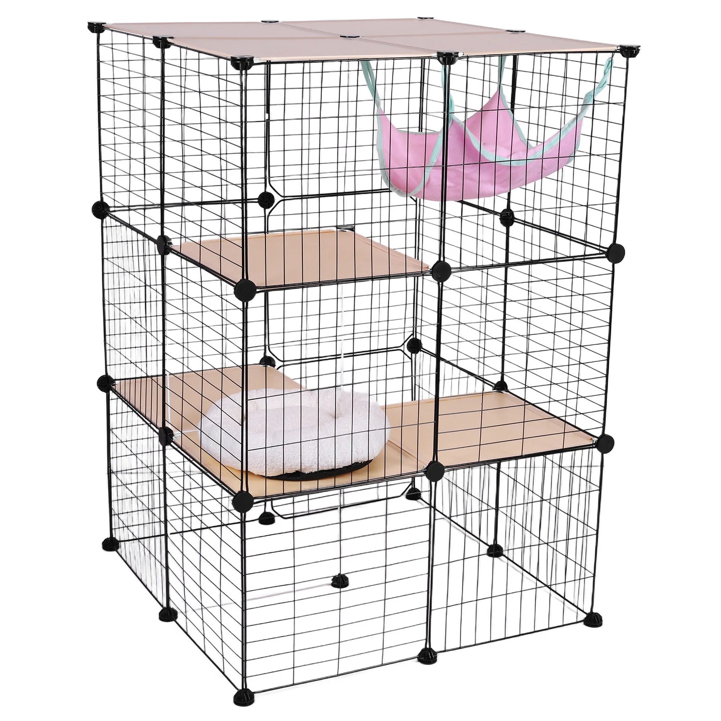 3-Tier Detachable Cat Cage W/ Hammock & Bed Cats Wire Kennel Crate Ideal Large Exercise Place Ideal for 1-3 Cats