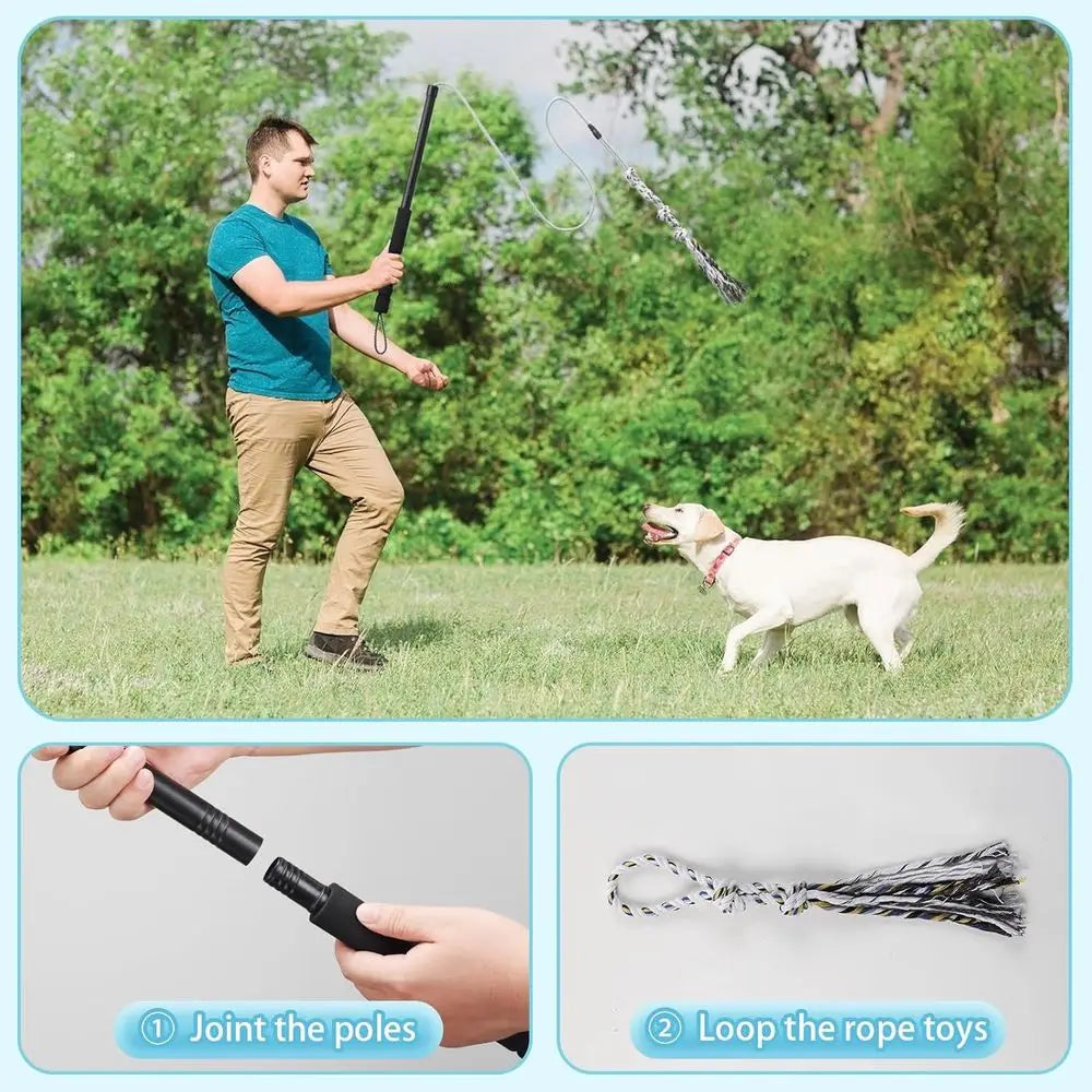 Interactive Chase and Tug o War Outdoor Dog Toys, Heavy Duty Dog Teaser Wand Chase Toys with Rope, Durable Stick Pole for Dogs O