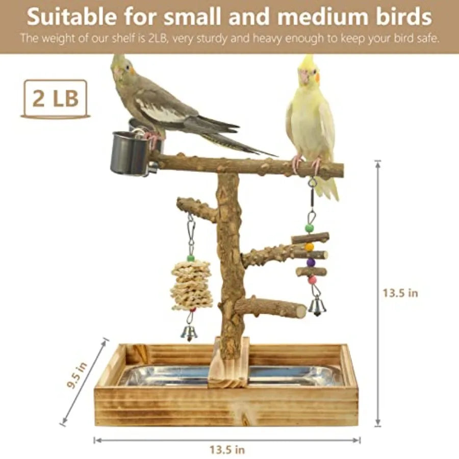 Natural Wood Bird Toys Playground, Bird Cage Accessories, Bird Perches, with Removable Tray and 2 Stainless Steel Cups