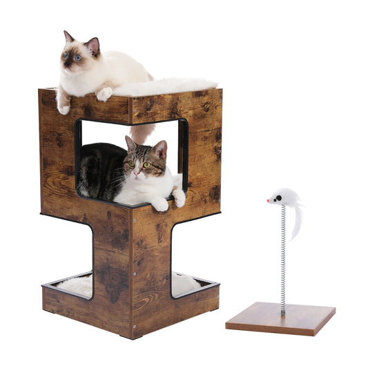 Wood Cat Condo House Bed with Removable Soft Mats Modern Cat Tree Tower with Scratching Pad Cat Scratcher Furniture Kitten Toys