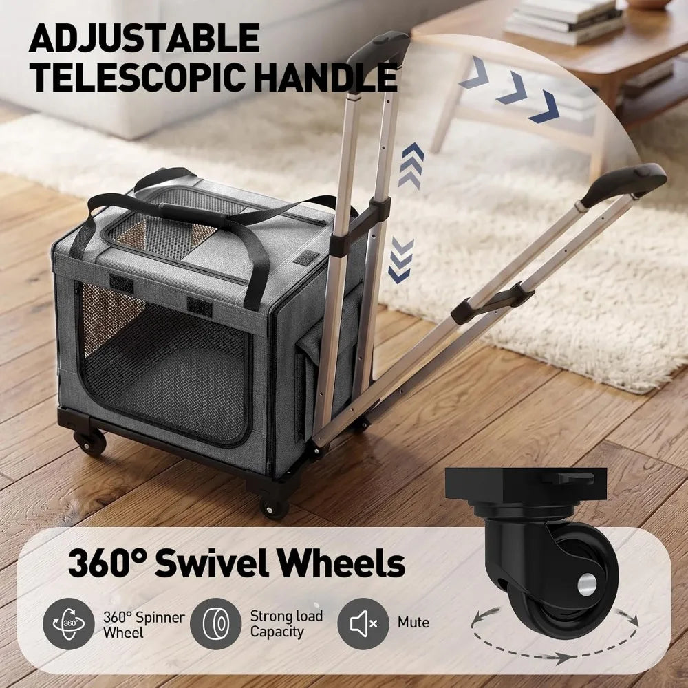 17in Expandable Wheeled Pet Carrier with Breathable Mesh for Cats and Small Dogs