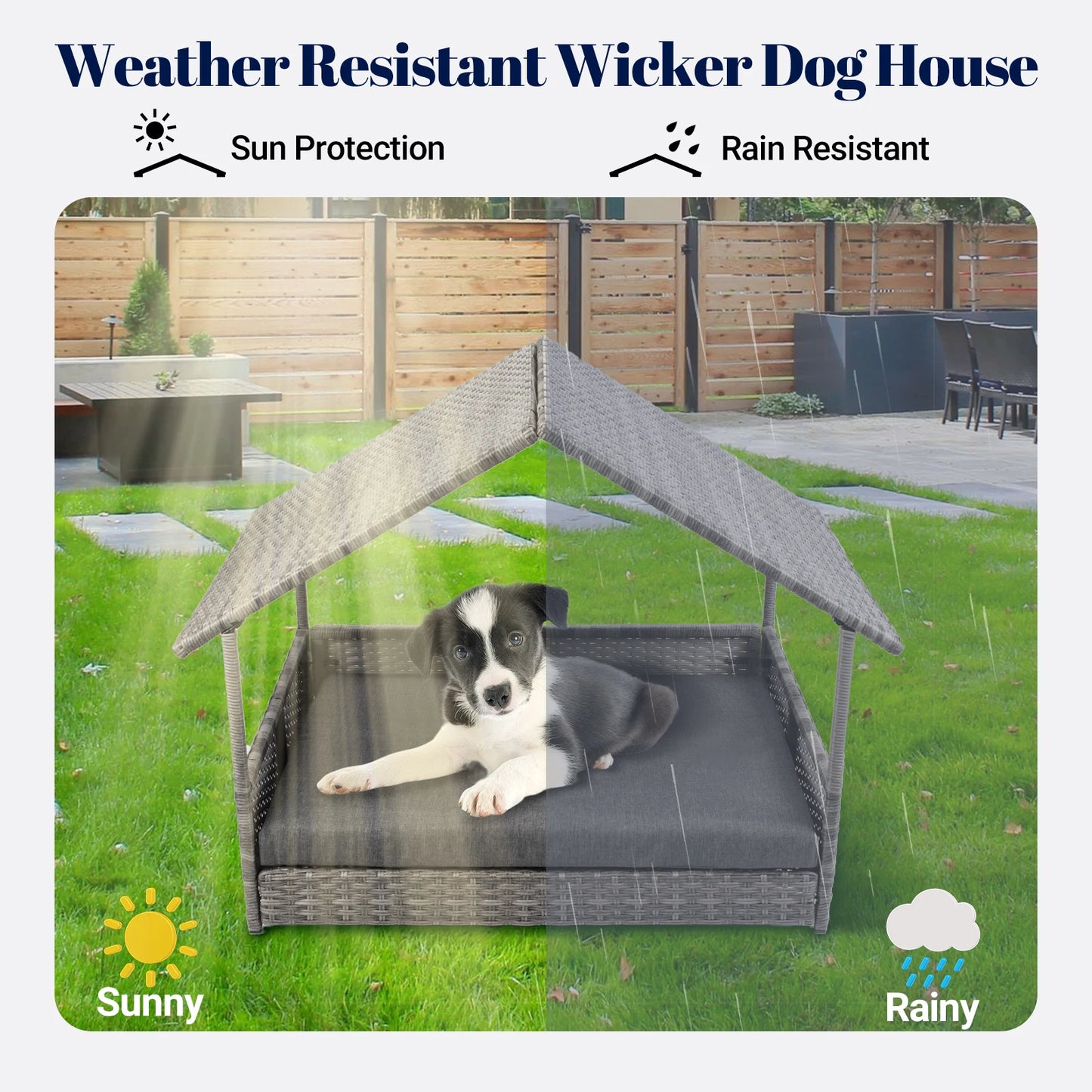 Wicker Dog House, Elevated Rattan Dog Bed with Canopy, Large Dog House Outdoor with Water Resistant Cushion