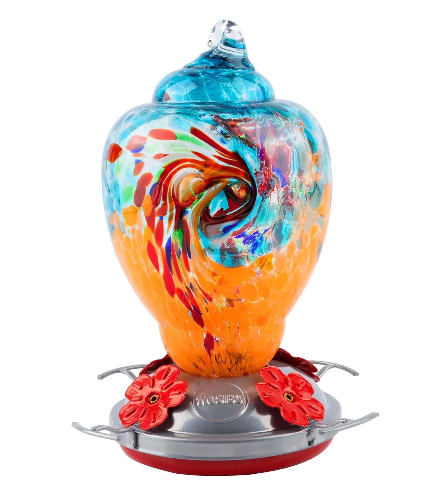 32oz Hand Blown Glass Hummingbird Feeder for Outdoor Yard, Red Firework Ant Proof Nectar Feeder with Ant Moat, Cleaning Brush & Hanging Accessories for Garden Backyard Bird Watching