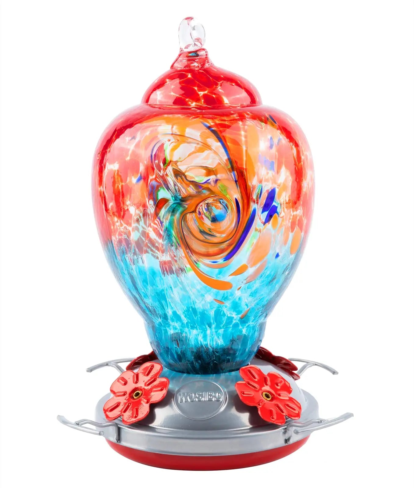 32oz Hand Blown Glass Hummingbird Feeder for Outdoor Yard, Red Firework Ant Proof Nectar Feeder with Ant Moat, Cleaning Brush & Hanging Accessories for Garden Backyard Bird Watching