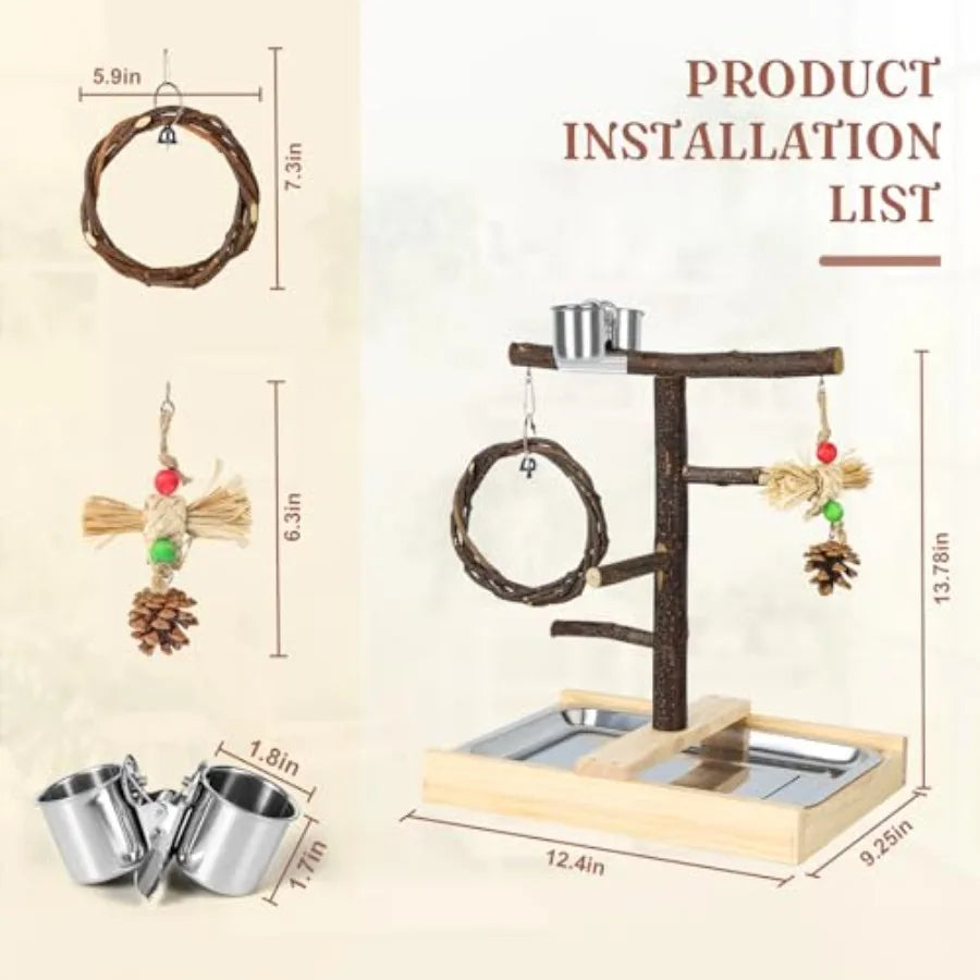 Bird Playground, Natural Wooden Parrot Play Stand with Swing, Chew Toys, Feeding Cups, Bird Perch Suitable for Small and Medium
