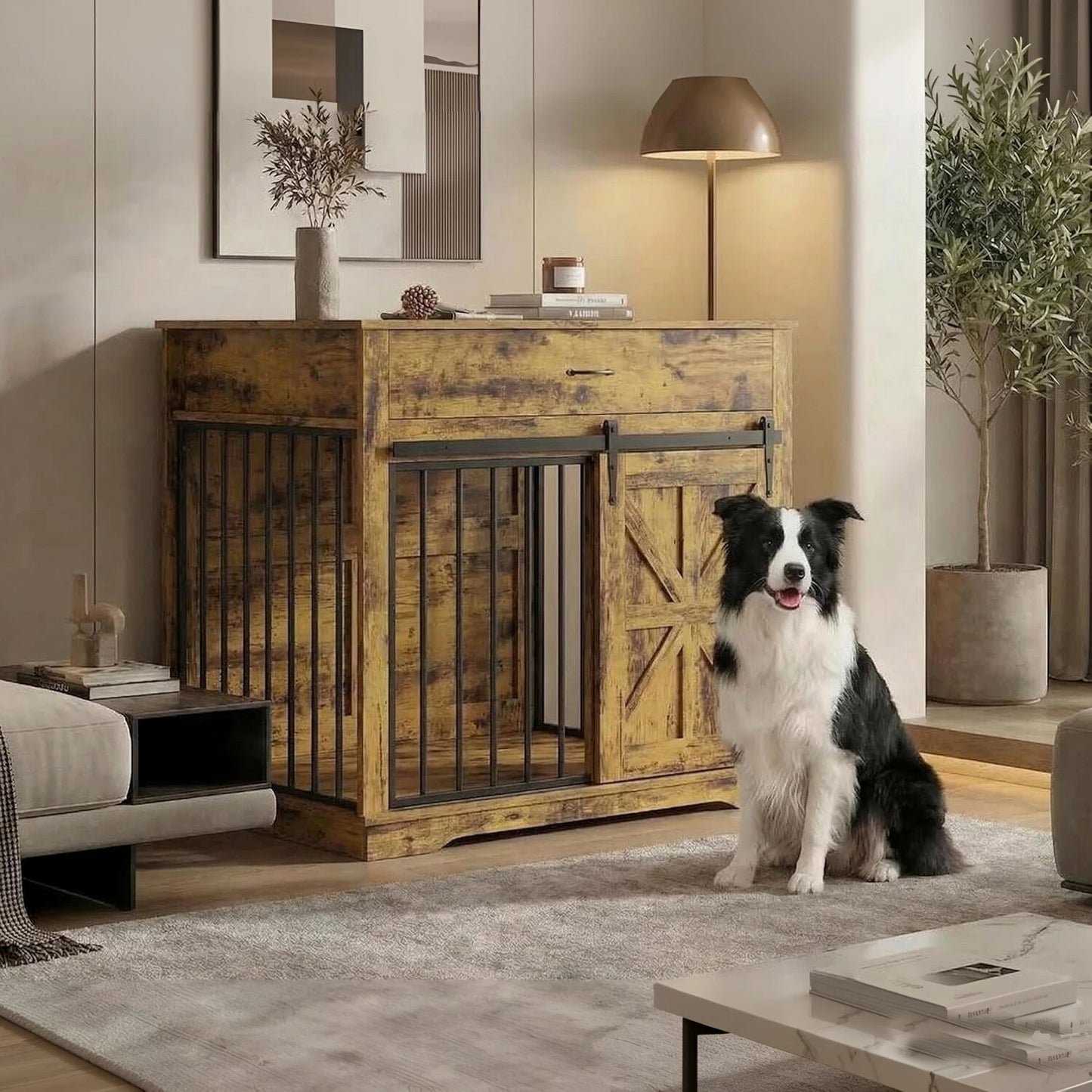 Heavy Duty Iron-Wood Dog Crate Furniture, 2-in-1 Kennel End Table with Sliding Barn Door, Storage Drawer, Decorative Pet House Side, Dog Kennel TV Stand for Small/Medium Dogs