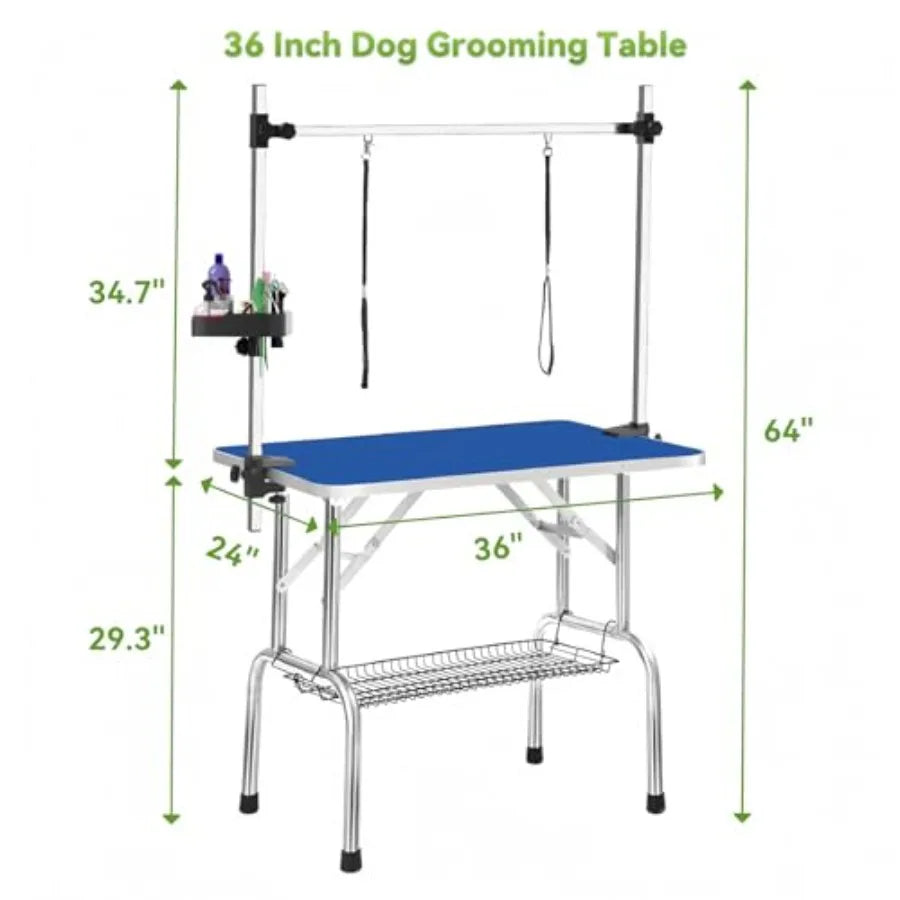 36 Inch Stainless Steel Dog Grooming Table Foldable Pet Grooming Stand with Adjustable Arm 2 Nooses 2 Storage Baskets Anti-Slip