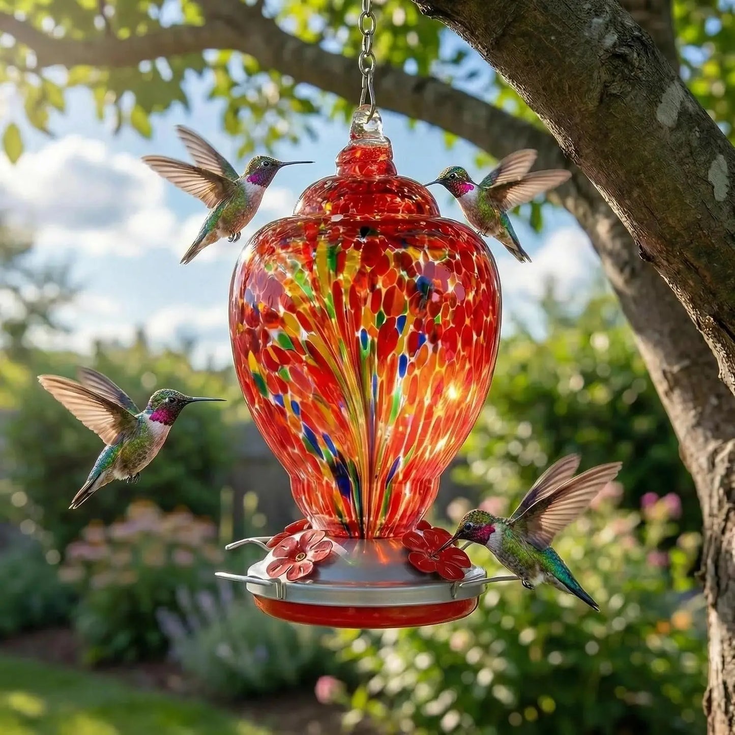 32oz Hand Blown Glass Hummingbird Feeder for Outdoor Yard, Red Firework Ant Proof Nectar Feeder with Ant Moat, Cleaning Brush & Hanging Accessories for Garden Backyard Bird Watching